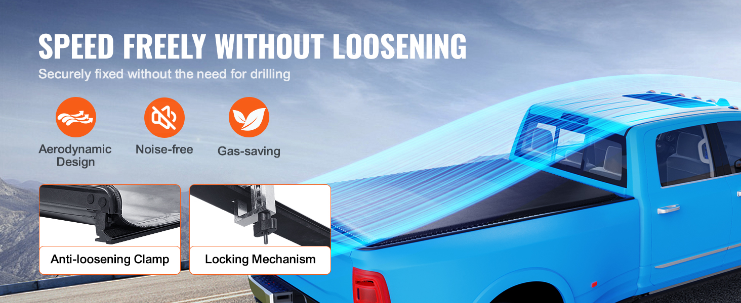 VEVOR truck bed cover with aerodynamic design, anti-loosening clamps, and locking mechanism.