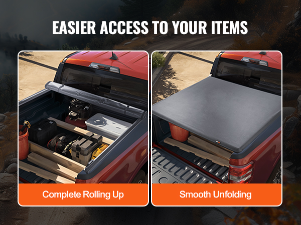red truck with VEVOR truck bed cover showcasing smooth unfolding, waterproof cotton, and secure buckle.