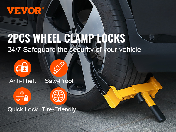 VEVOR wheel lock securing a car tire with text "2pcs wheel clamp locks" highlighting anti-theft features.