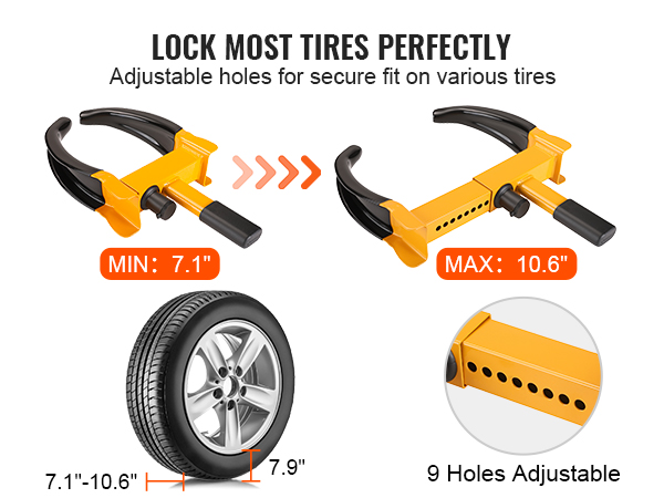 VEVOR wheel lock with adjustable holes fits tire widths of 7.1" to 10.6" for secure tire locking.