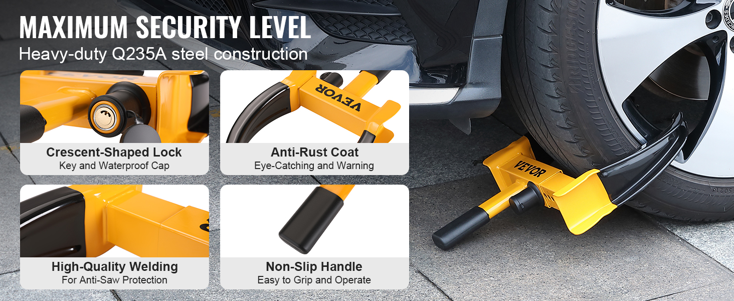 VEVOR wheel lock with crescent-shaped lock, anti-rust coat, high-quality welding, and non-slip handle.