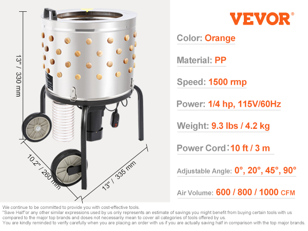 VEVOR chicken plucker, sus430, holds 2 chickens, 120v 60hz, 56.7lb, 108 fingers, 30.3x26.4x34.3in.