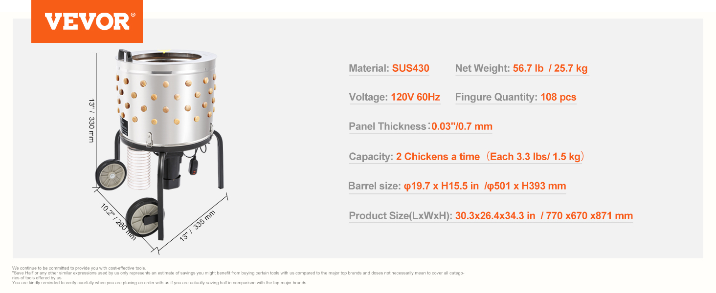 VEVOR chicken plucker, sus430, holds 2 chickens, 120v 60hz, 56.7lb, 108 fingers, 30.3x26.4x34.3in.