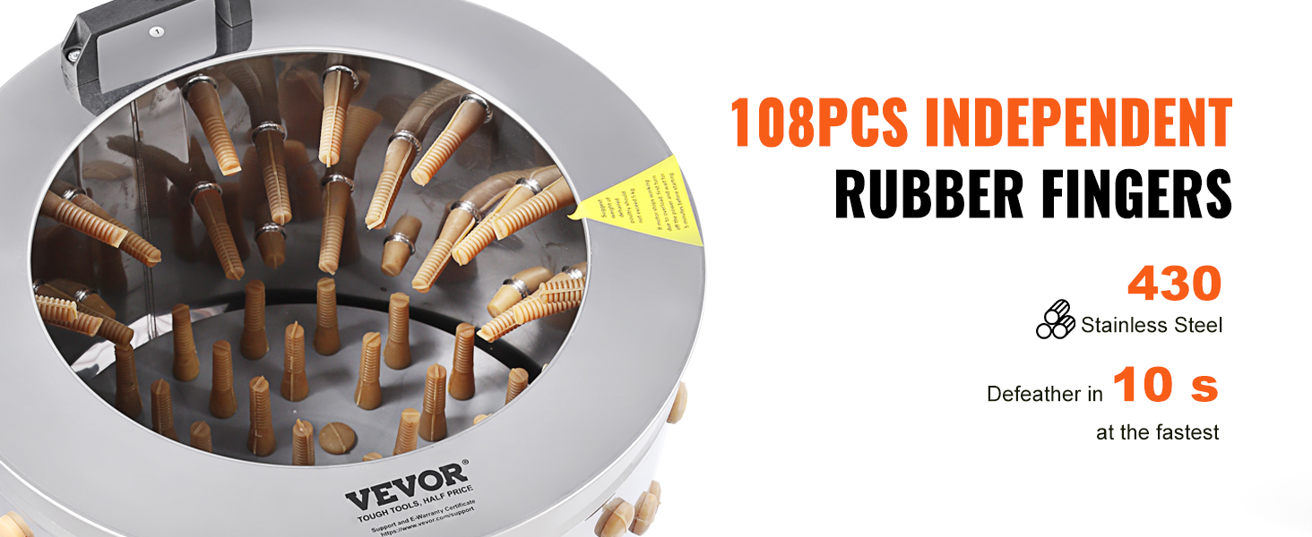 VEVOR chicken plucker with 108pcs rubber fingers and stainless steel for fast defeathering in 10s.