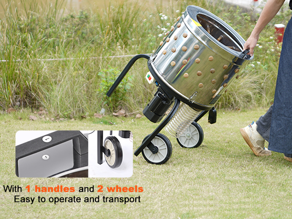 VEVOR chicken plucker being transported with 1 handle and 2 wheels, highlighting ease of operation.