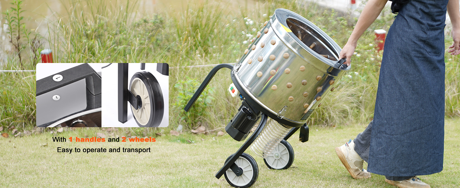 VEVOR chicken plucker being transported with 1 handle and 2 wheels, highlighting ease of operation.