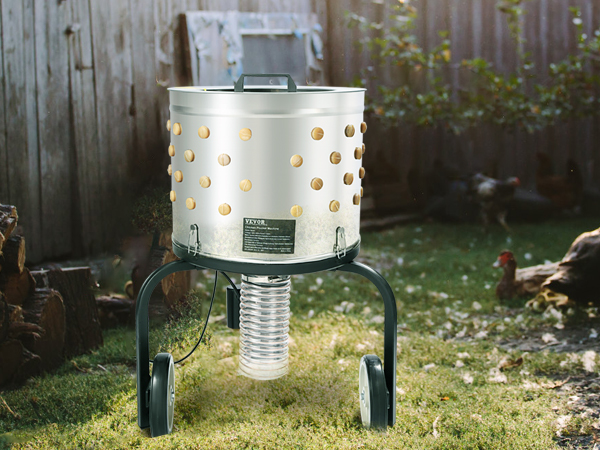 VEVOR chicken plucker in a rustic backyard setting with logs, chickens, and a blue farm vehicle.