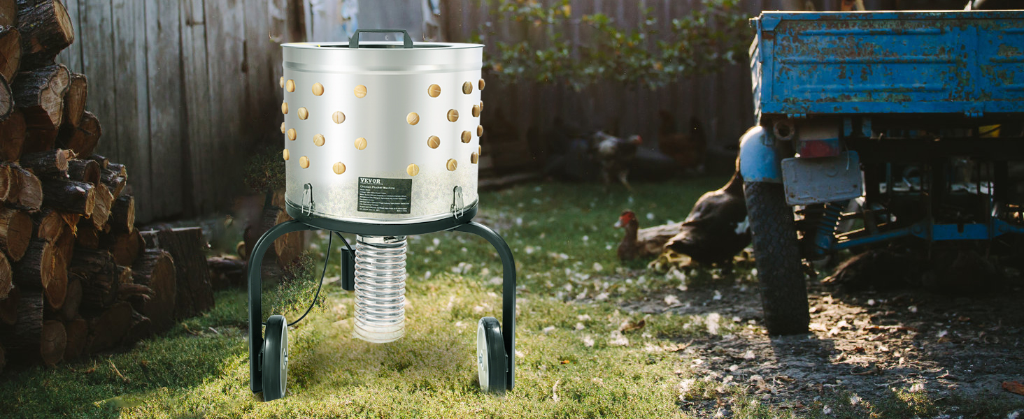 VEVOR chicken plucker in a rustic backyard setting with logs, chickens, and a blue farm vehicle.