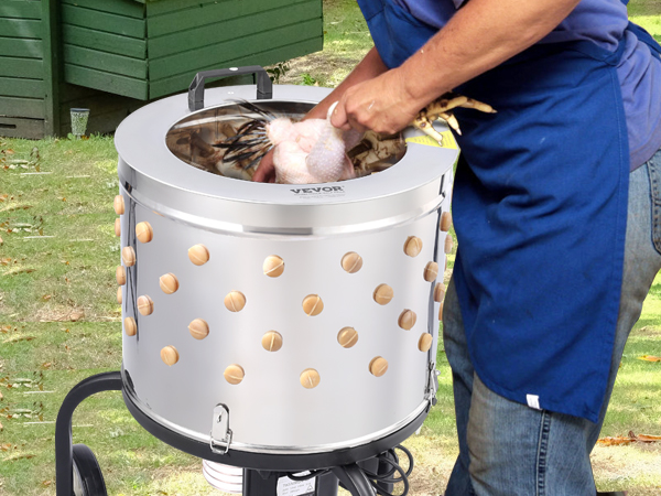person using VEVOR chicken plucker outdoors near a green coop, stainless steel machine with rubber fingers.