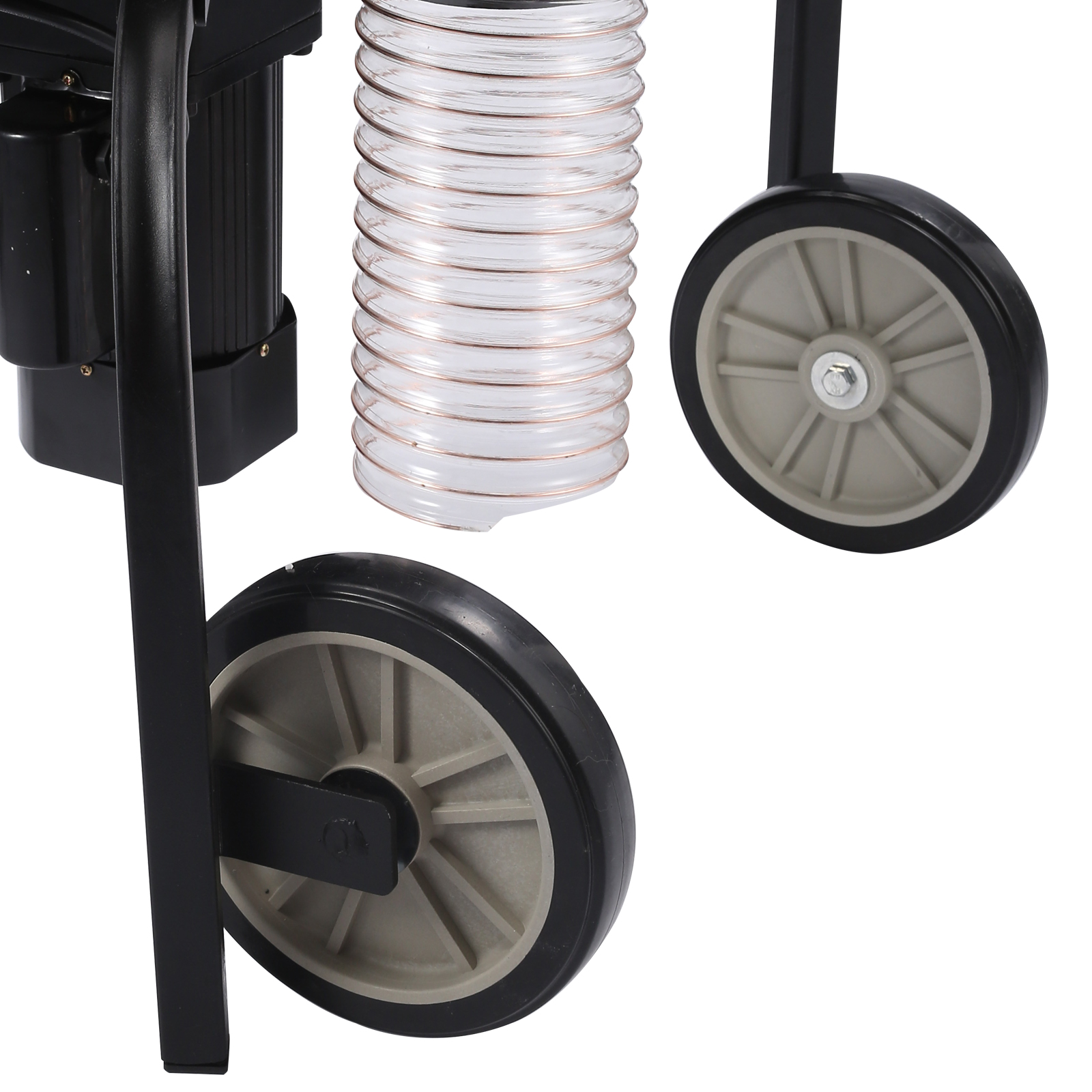 VEVOR chicken plucker close-up showing wheels and transparent hose attachment.