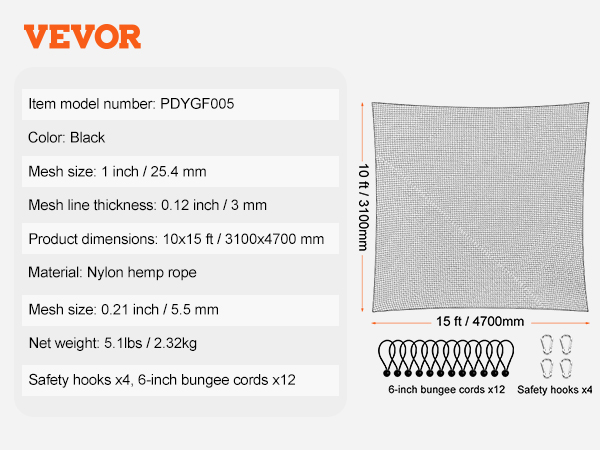 VEVOR golf practice net specs: mesh size 1 inch, dimensions 10x15 ft, nylon rope, with bungee cords.