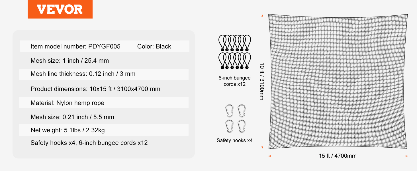 VEVOR golf practice net specs: mesh size 1 inch, dimensions 10x15 ft, nylon rope, with bungee cords.