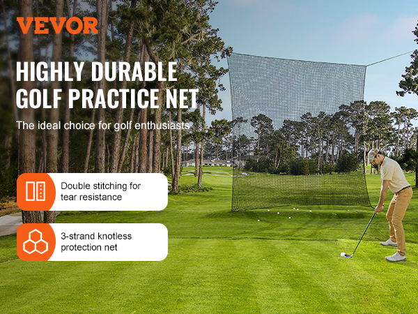 VEVOR golf practice net on lush golf course with double stitching and 3-strand knotless protection net.
