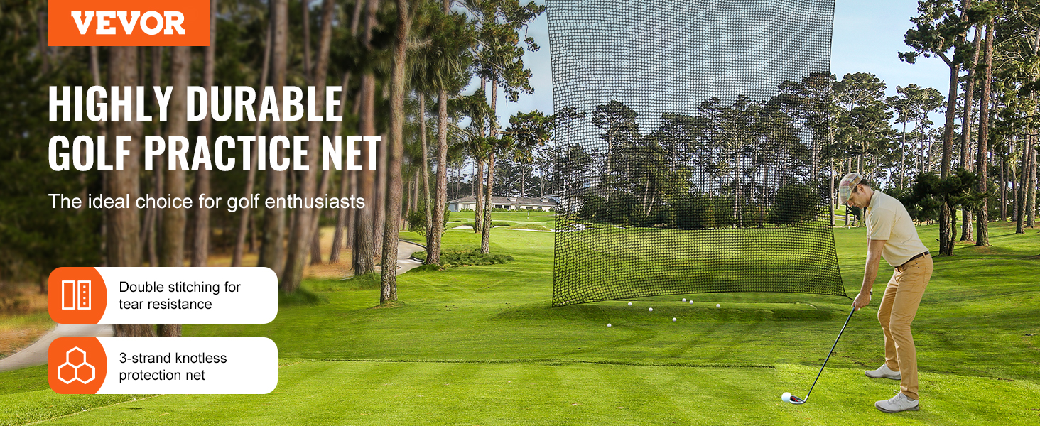 VEVOR golf practice net on lush golf course with double stitching and 3-strand knotless protection net.
