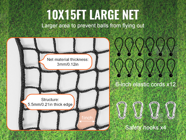 VEVOR golf practice net; 10x15ft, 3mm material, 1in mesh, 5.5mm edge, includes 12 elastic cords and 4 hooks.