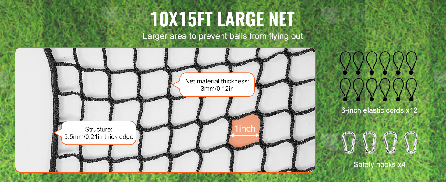 VEVOR golf practice net; 10x15ft, 3mm material, 1in mesh, 5.5mm edge, includes 12 elastic cords and 4 hooks.
