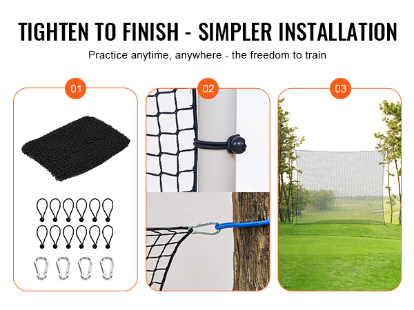 VEVOR golf practice net setup guide on grass field with clamps and ropes for simple installation.
