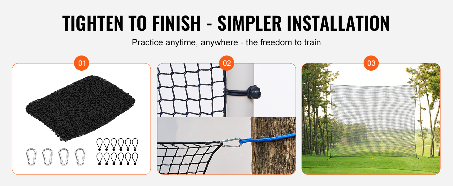 VEVOR golf practice net setup guide on grass field with clamps and ropes for simple installation.