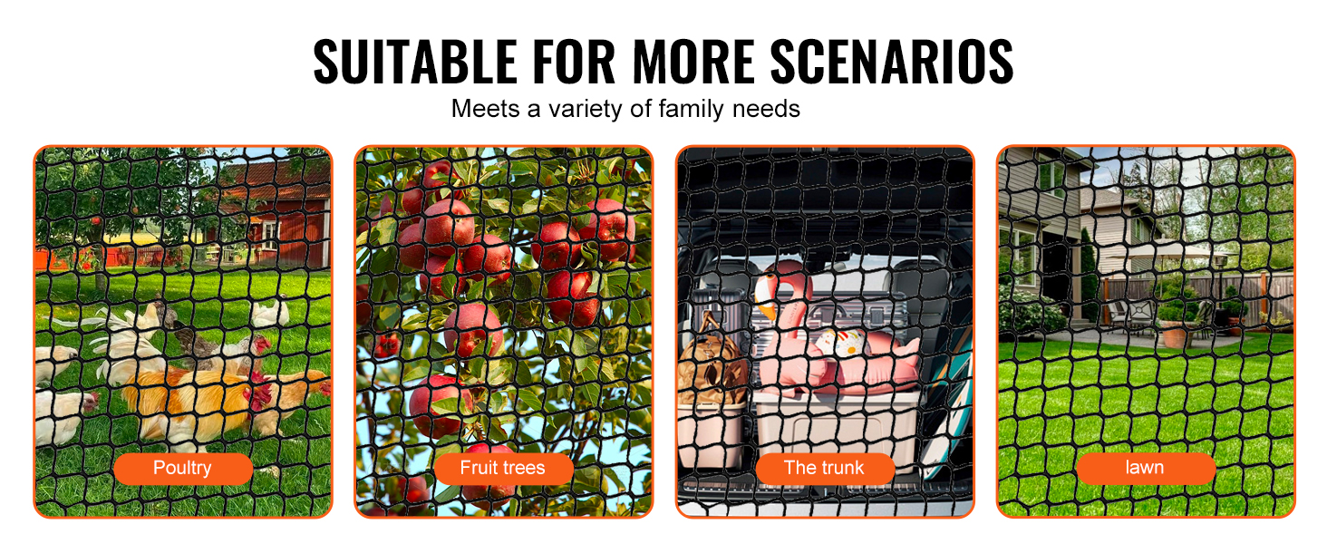 VEVOR golf practice net used for poultry, fruit trees, trunk, and lawn, meeting various family needs.