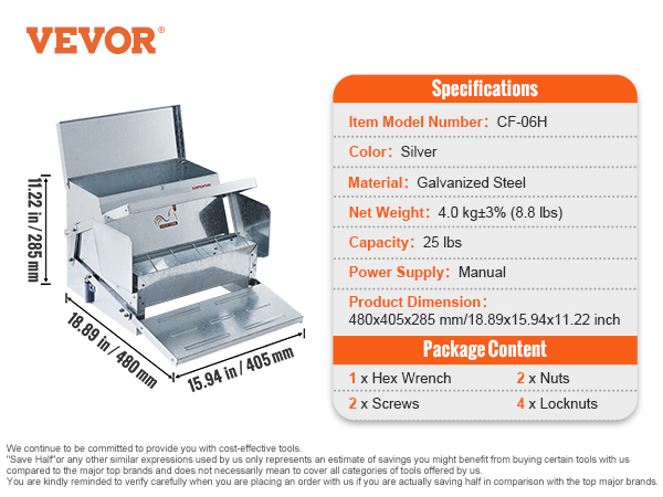 VEVOR automatic chicken feeder, cf-06h model, silver, galvanized steel, 25 lbs capacity, 18.89x15.94x11.22 in.