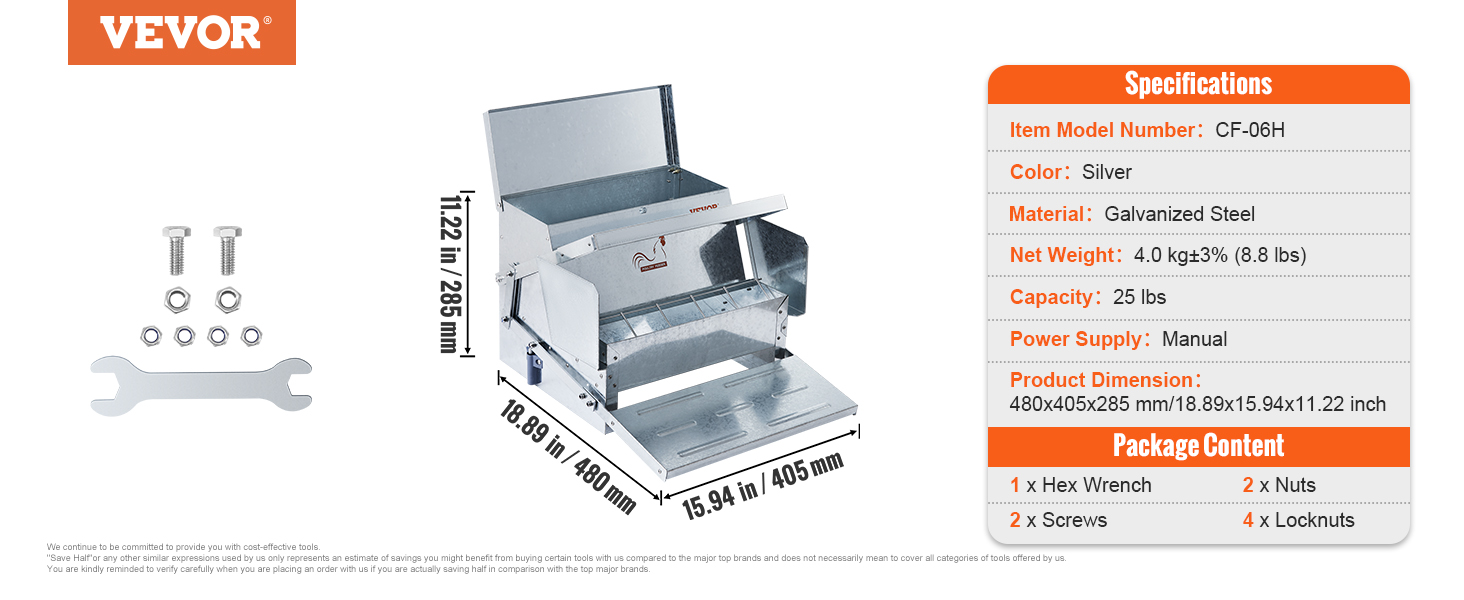 VEVOR automatic chicken feeder, cf-06h model, silver, galvanized steel, 25 lbs capacity, 18.89x15.94x11.22 in.