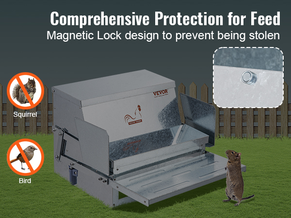 VEVOR automatic chicken feeder with magnetic lock, preventing access by squirrels and birds.
