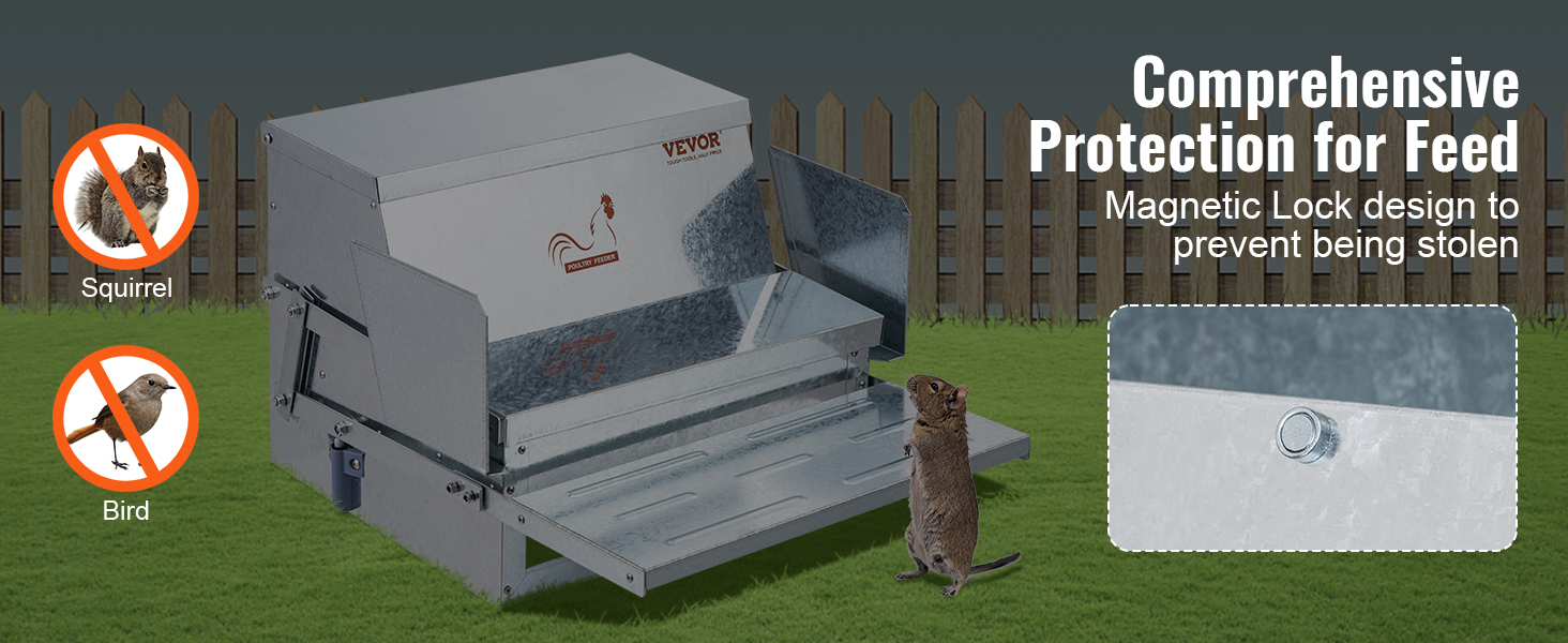 VEVOR automatic chicken feeder with magnetic lock, preventing access by squirrels and birds.