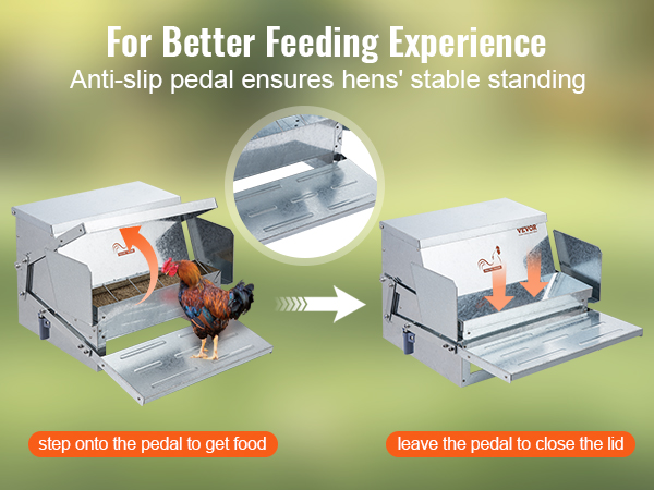 VEVOR automatic chicken feeder with anti-slip pedal and instructions for use, featuring a rooster.