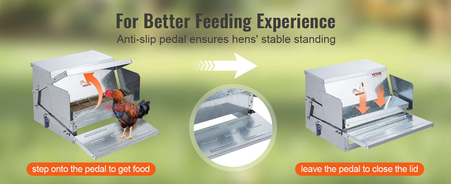 VEVOR automatic chicken feeder with anti-slip pedal and instructions for use, featuring a rooster.