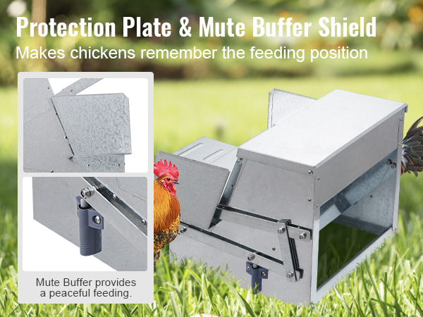 VEVOR automatic chicken feeder with mute buffer and protection plate in a grassy outdoor setting.