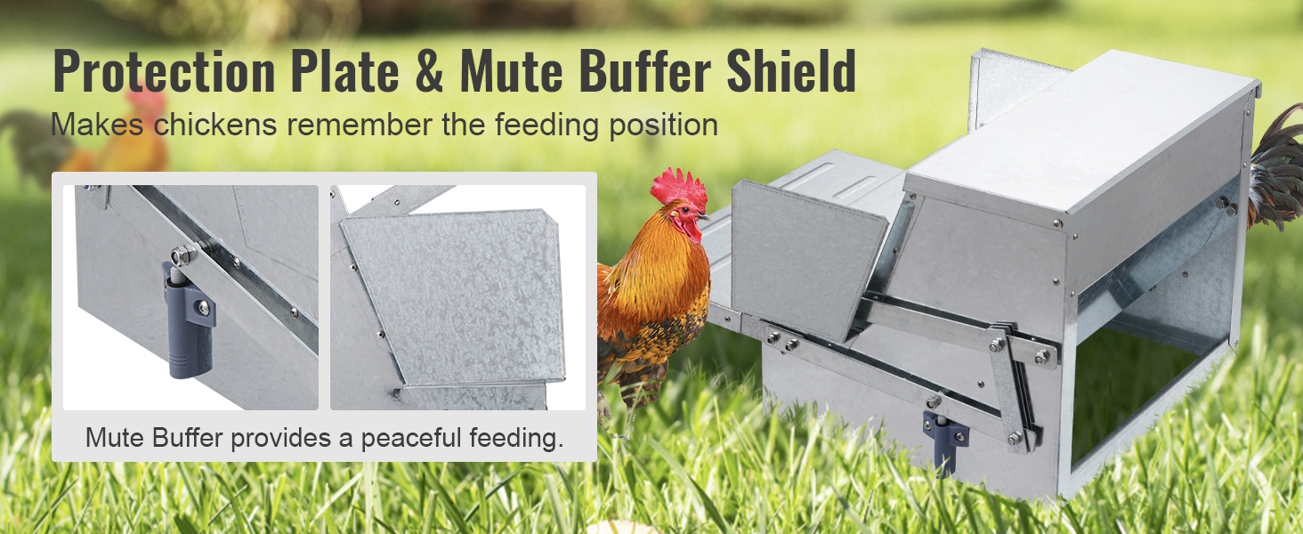 VEVOR automatic chicken feeder with mute buffer and protection plate in a grassy outdoor setting.