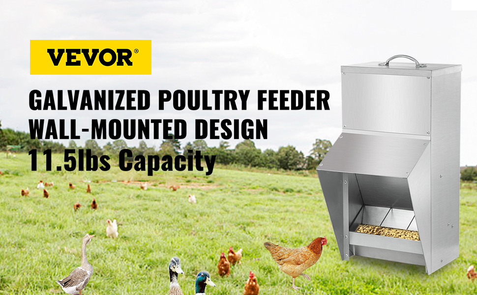 VEVOR chicken feeder, wall-mounted, 11.5lbs capacity, in a green field with poultry.