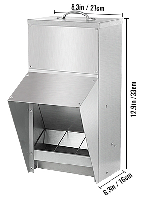 stainless steel VEVOR chicken feeder with dimensions: 8.3x6.3x12.9 inches.