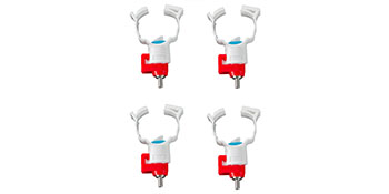 four VEVOR chicken feeder waterers with red bases and white clips, arranged in a grid.