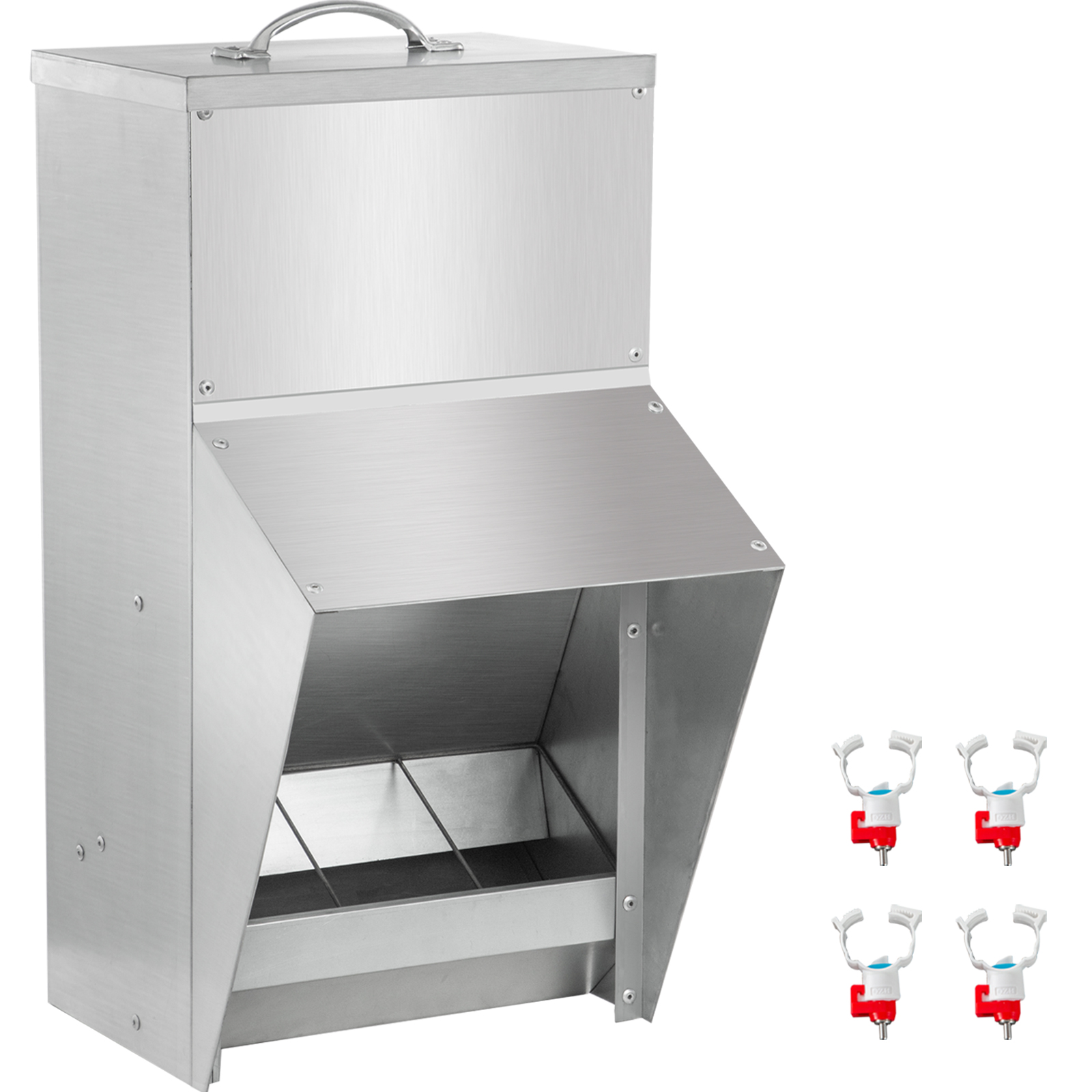 stainless steel VEVOR chicken feeder with four poultry nipple waterers.