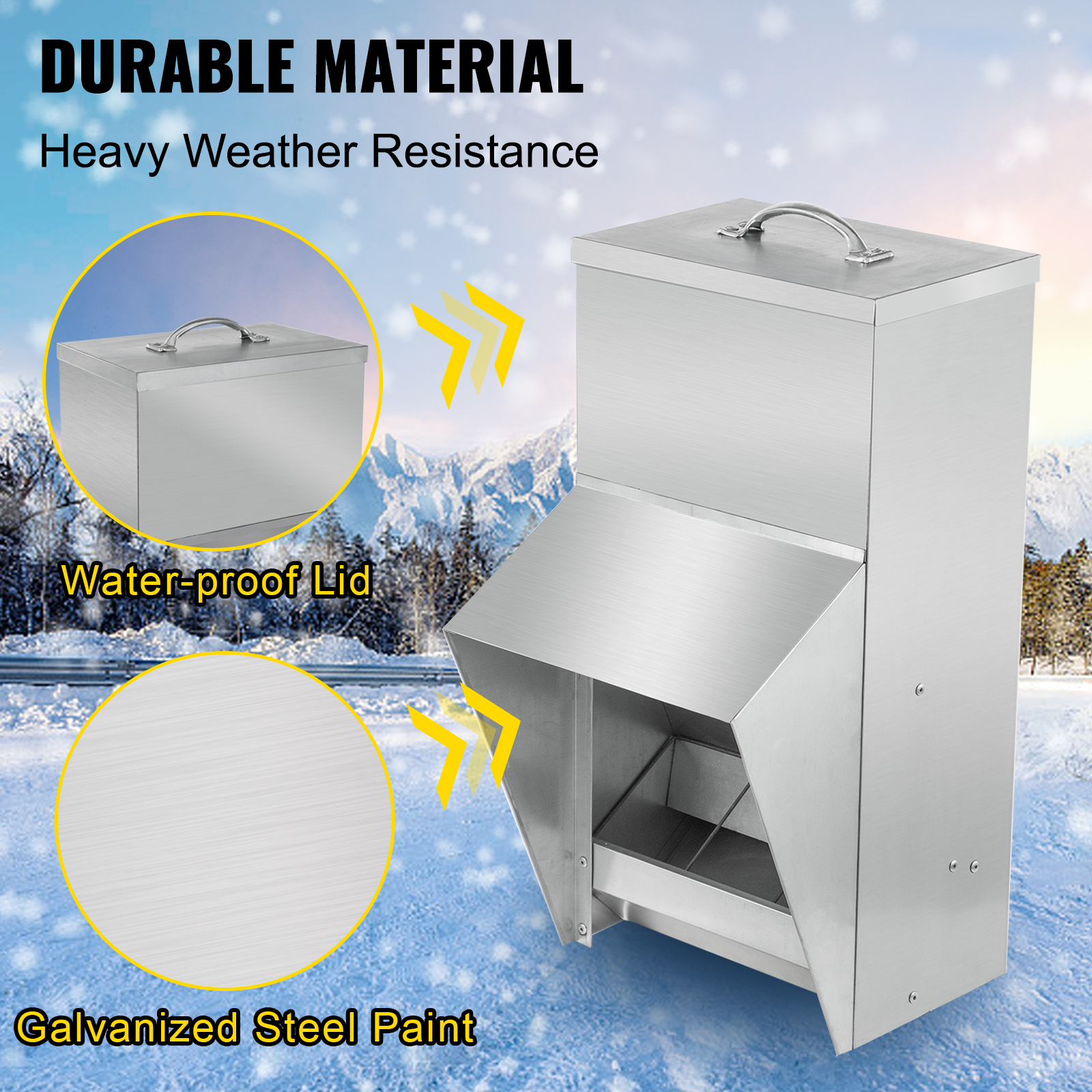 VEVOR chicken feeder with waterproof lid and galvanized steel paint for heavy weather resistance.