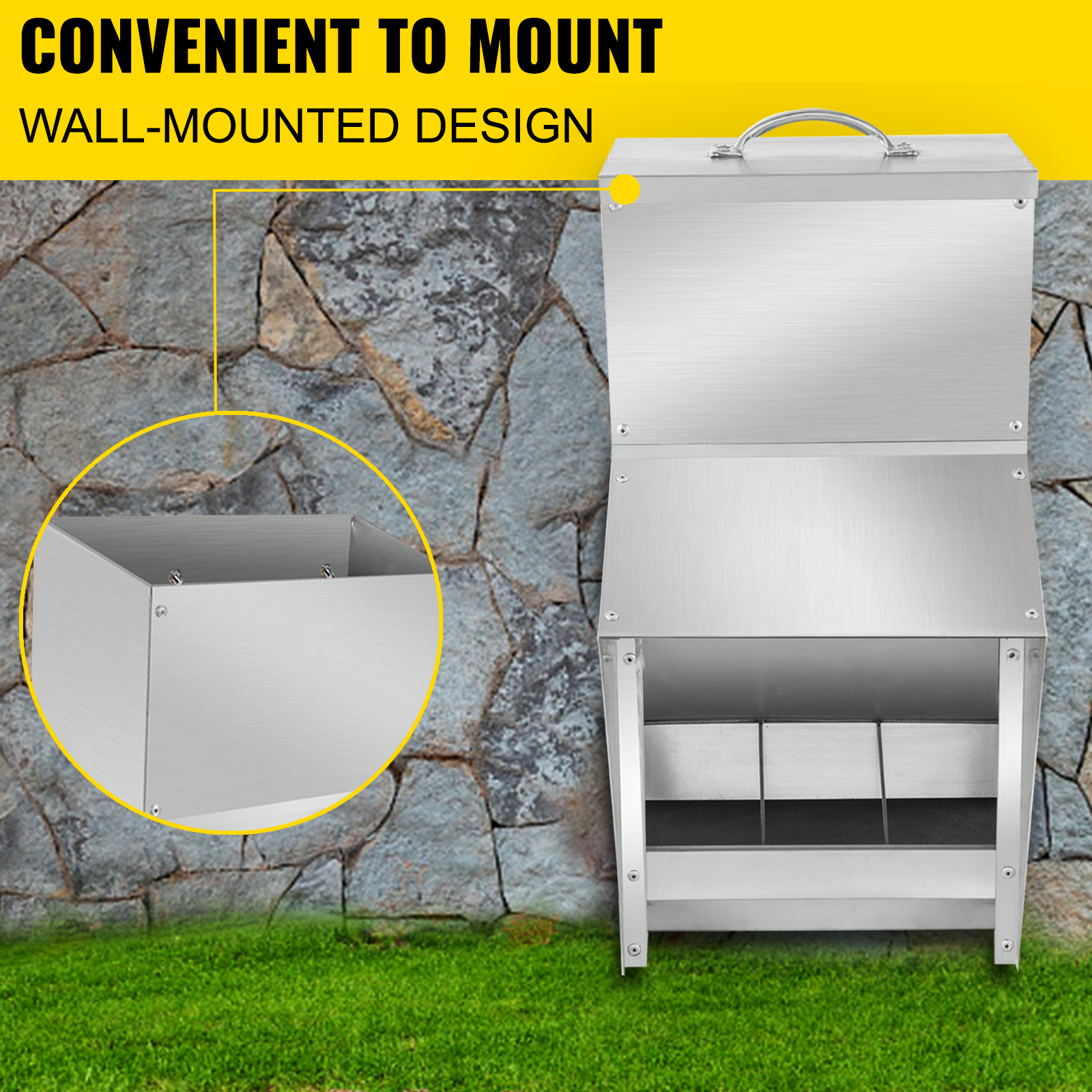 VEVOR chicken feeder with wall-mounted design against a stone background.