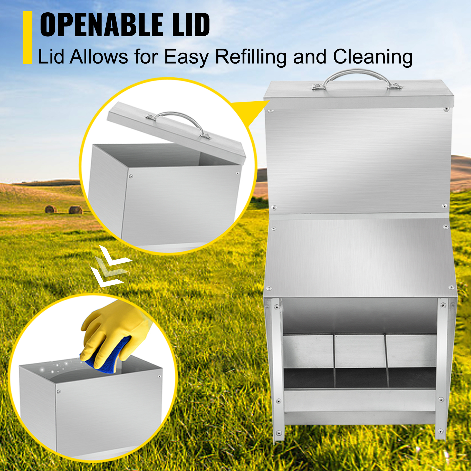 VEVOR chicken feeder with openable lid for easy refilling and cleaning in a field.
