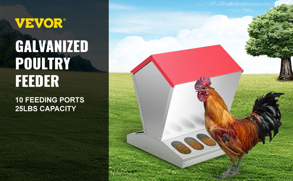 VEVOR galvanized poultry feeder with 10 feeding ports and 25lbs capacity in a field.