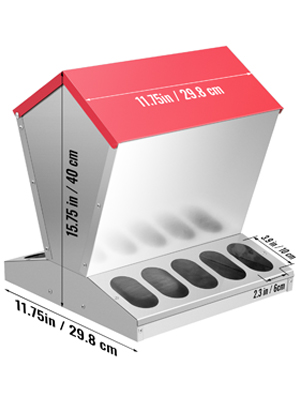 VEVOR galvanized poultry feeder, red lid, dimensions labeled, 6 feeding slots.
