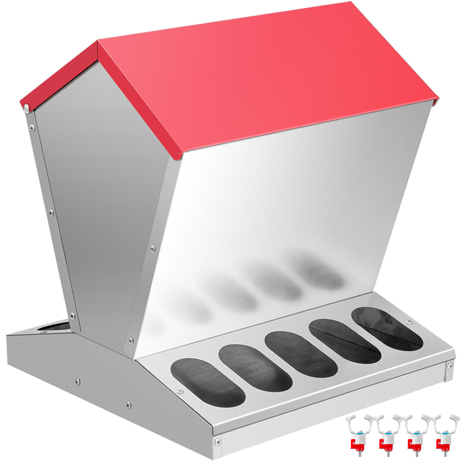 VEVOR galvanized poultry feeder with red top and multiple feeding slots.