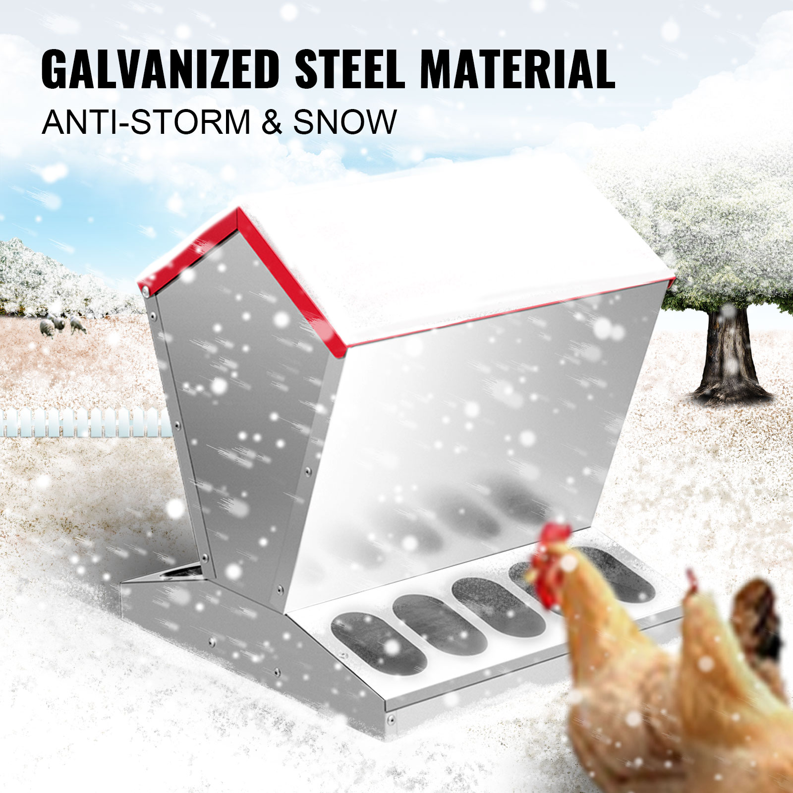 VEVOR galvanized poultry feeder in snow with chickens nearby