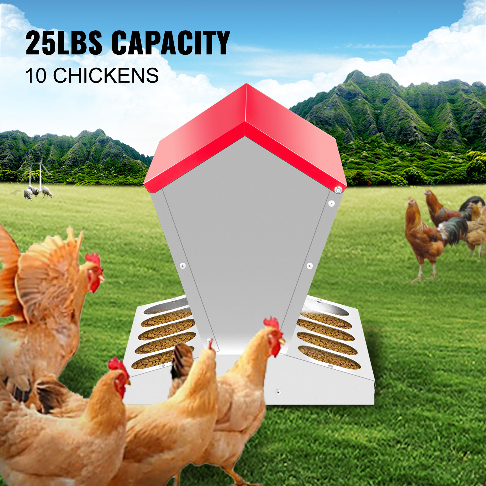 VEVOR galvanized poultry feeder with 25lbs capacity suitable for 10 chickens in a field.