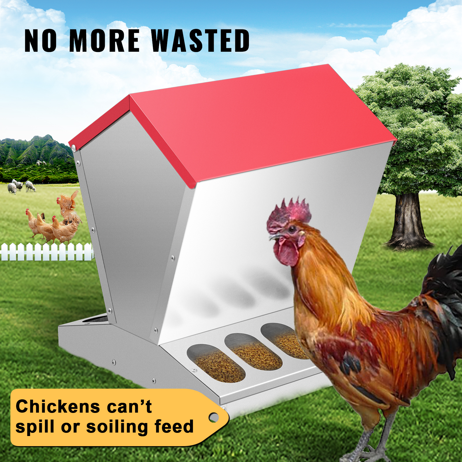 VEVOR galvanized poultry feeder in a green field with chickens and a rooster.