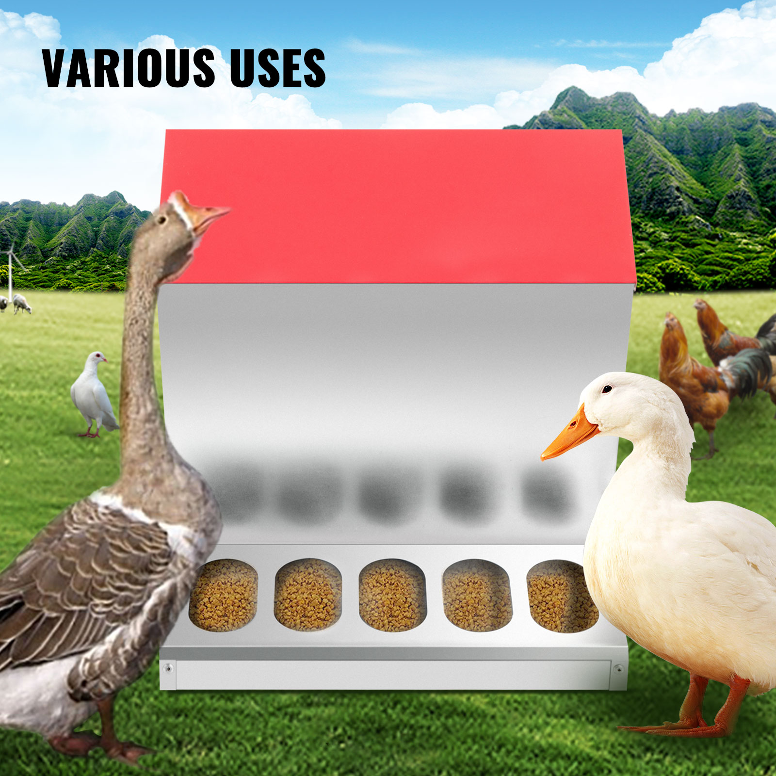VEVOR galvanized poultry feeder with red roof and multiple feeding slots, ducks nearby.