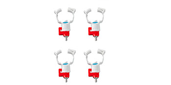 four VEVOR poultry feeder nipples with red and white components arranged in two rows.
