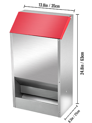 VEVOR galvanized poultry feeder with red top and dimensions in inches and centimeters.
