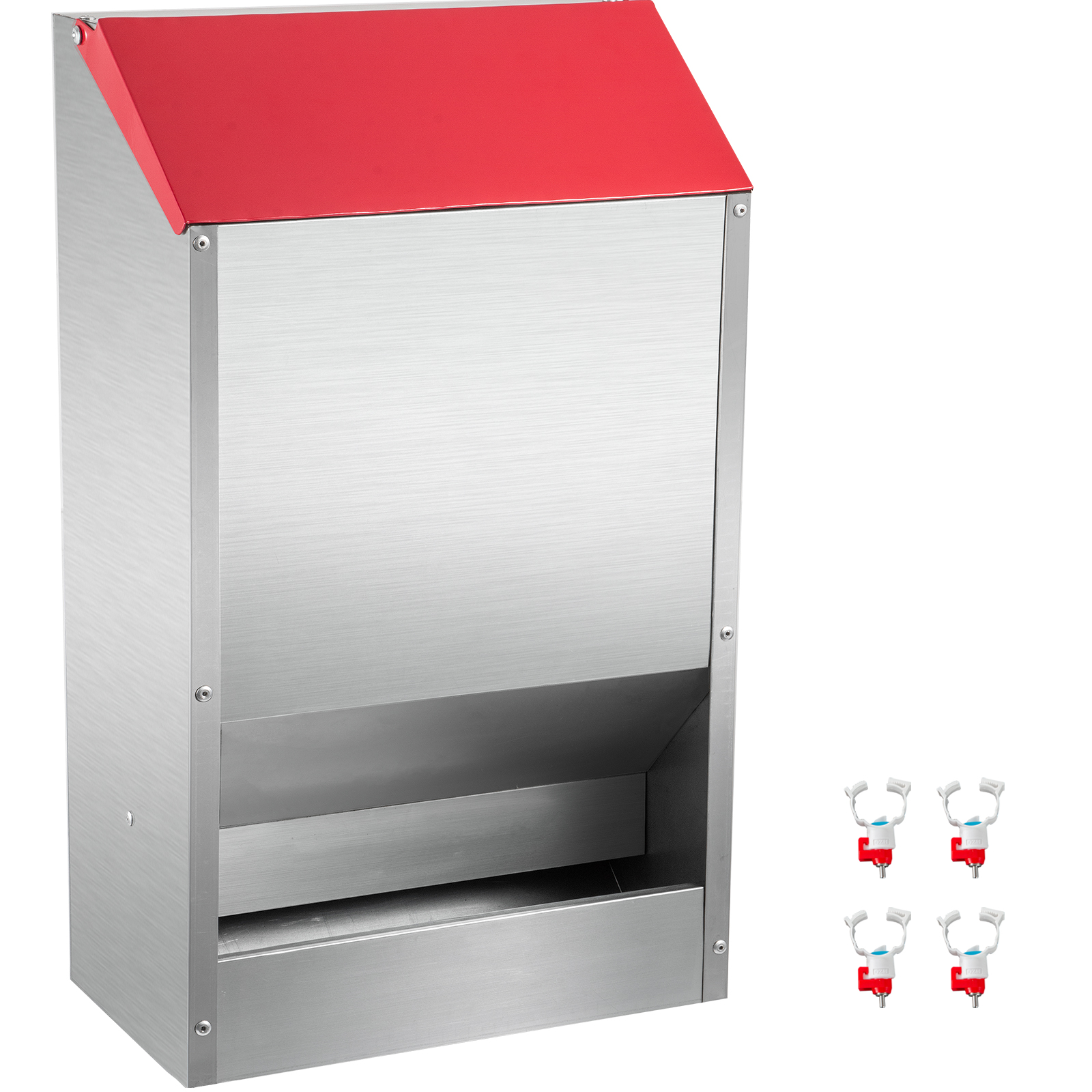 VEVOR galvanized poultry feeder with red lid and four nipple drinkers.