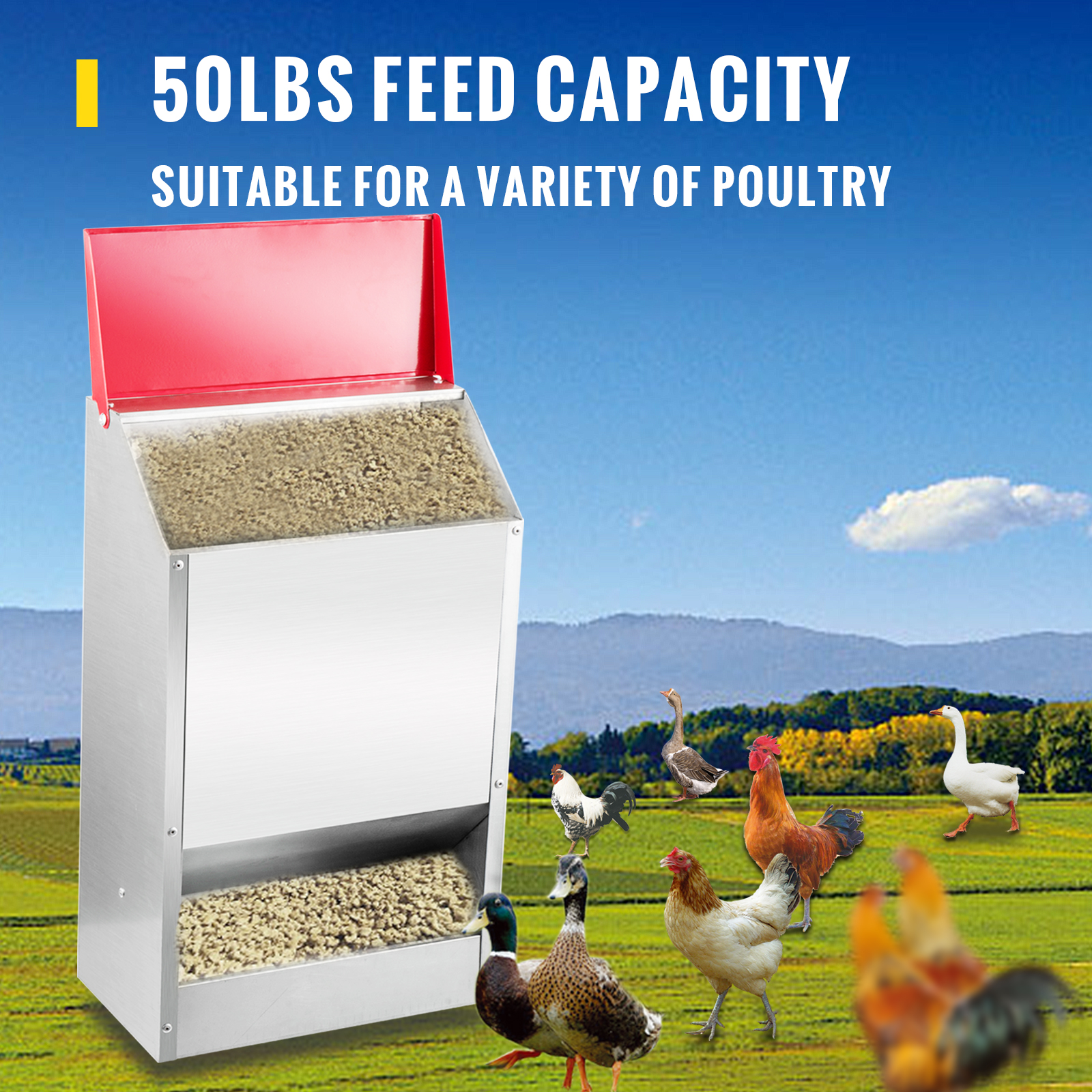 VEVOR galvanized poultry feeder with 50lbs capacity in a farm setting.
