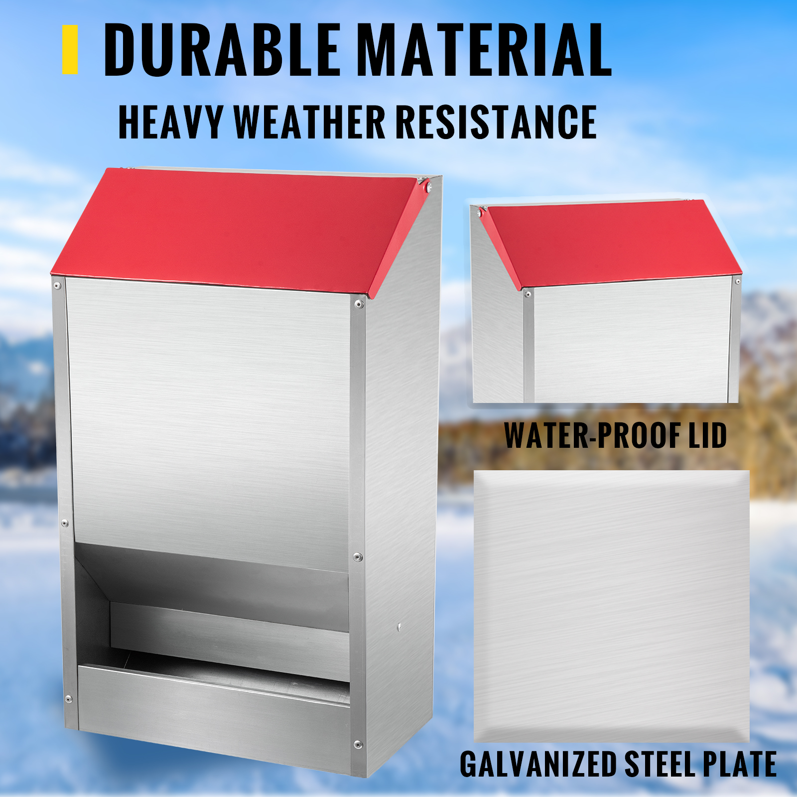 VEVOR galvanized poultry feeder with waterproof lid and durable steel plate.